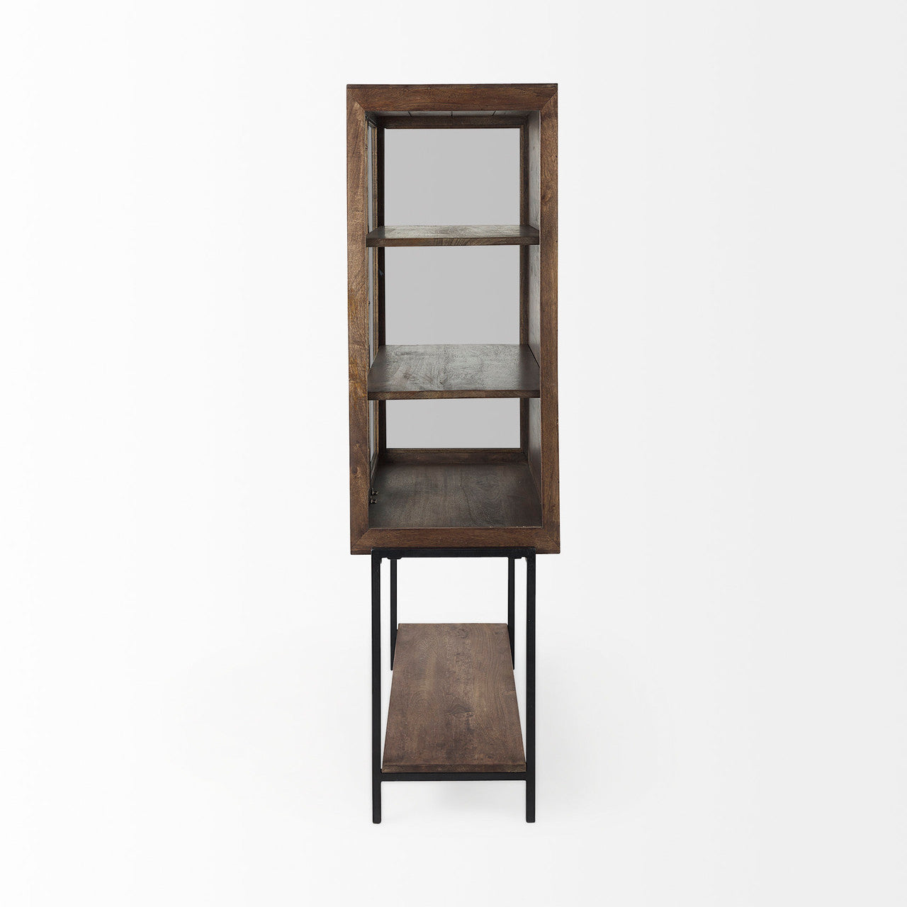 Arelius 36L x 18W x 63H Medium Brown Wood W/ Black Metal Base Display Cabinet