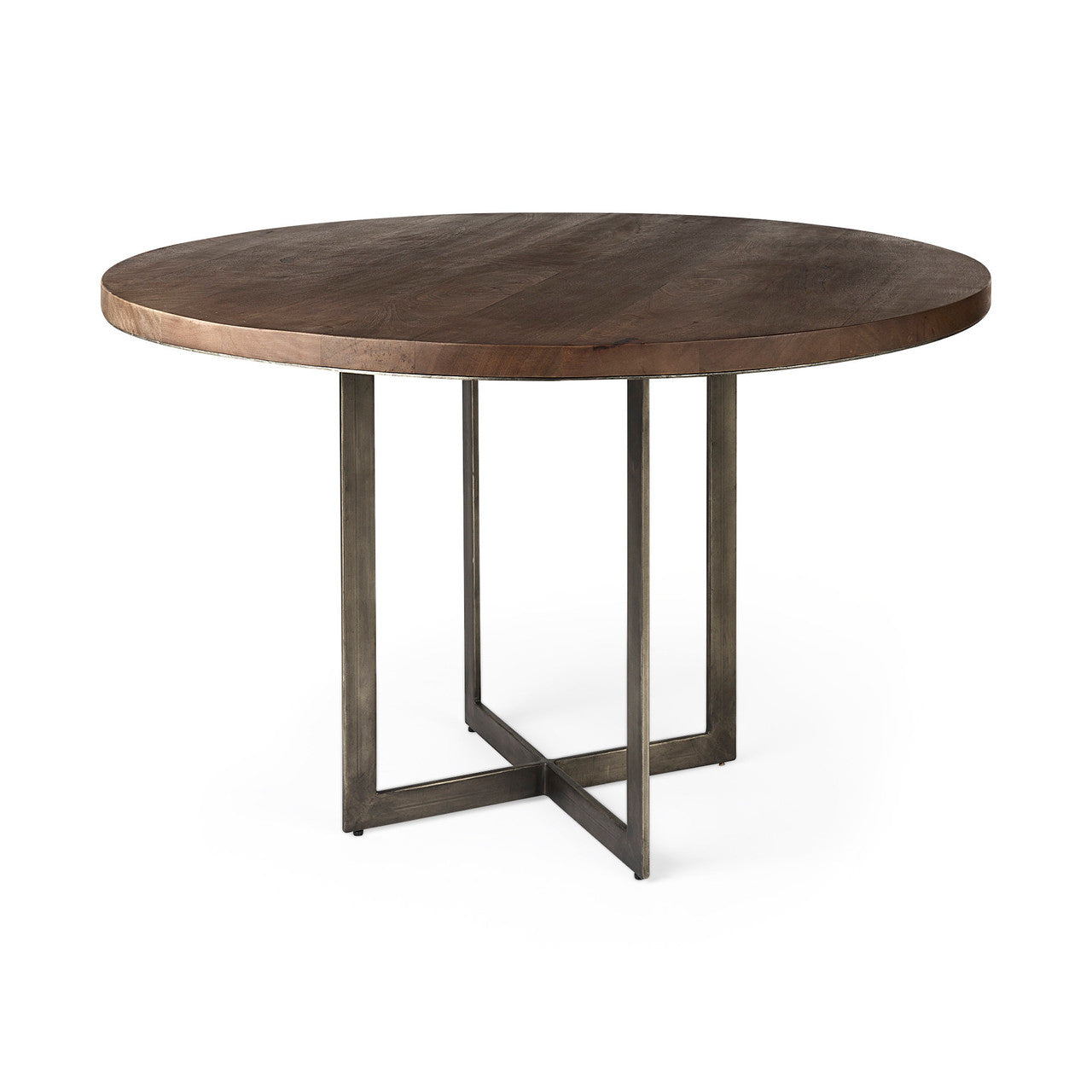 Faye I 48L x 48W x 30H Medium Brown Wood W/Antique Nickel Metal Base Round Dining Table