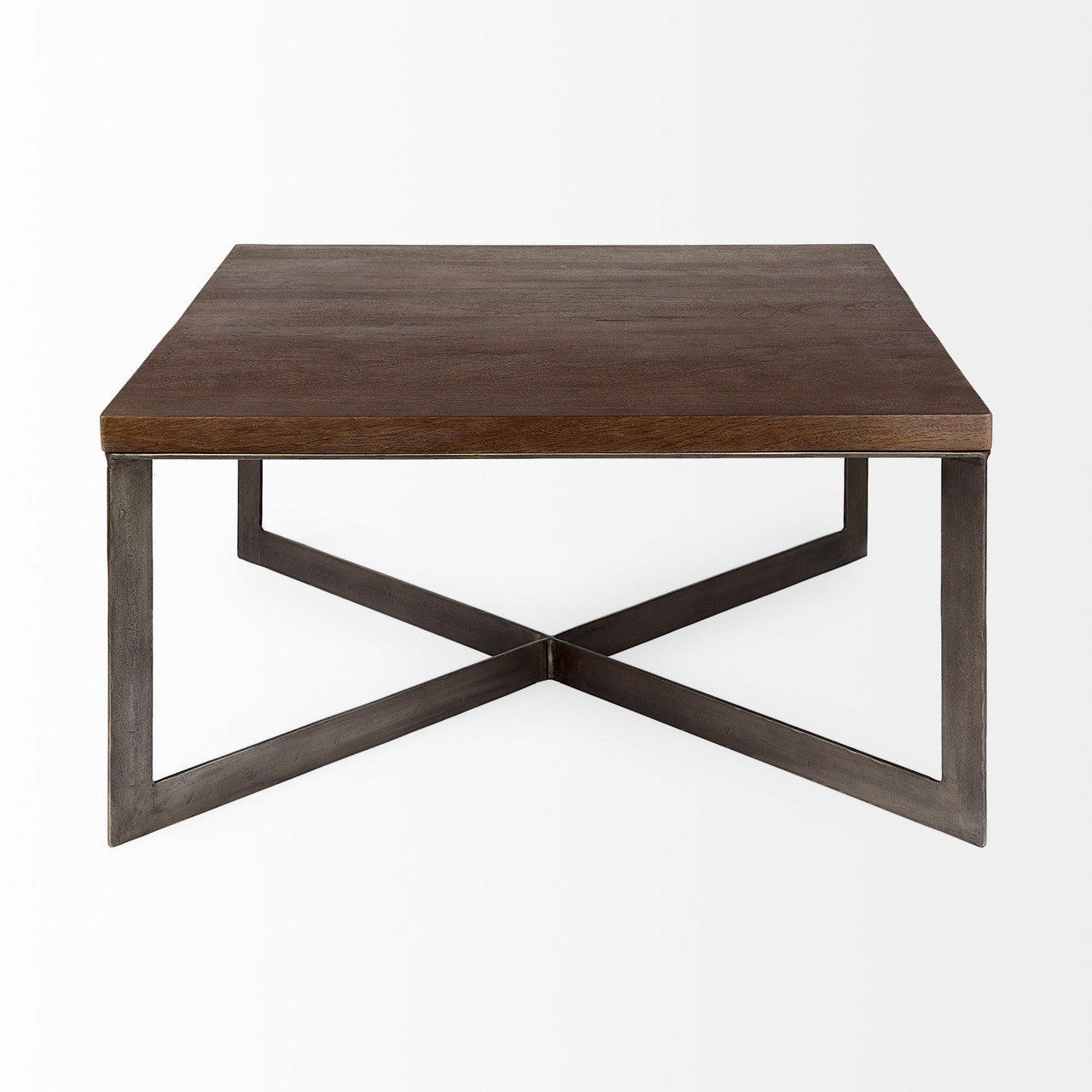 Faye 34L x 34W x 17H Medium Brown Wood W/Antique Nickel Metal Base Square Coffee Table