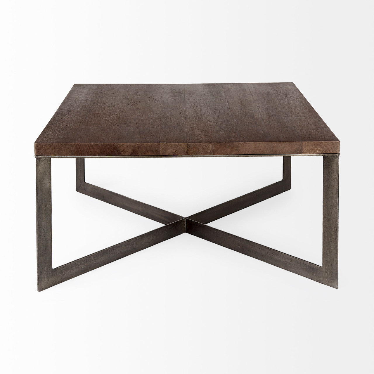 Faye 34L x 34W x 17H Medium Brown Wood W/Antique Nickel Metal Base Square Coffee Table