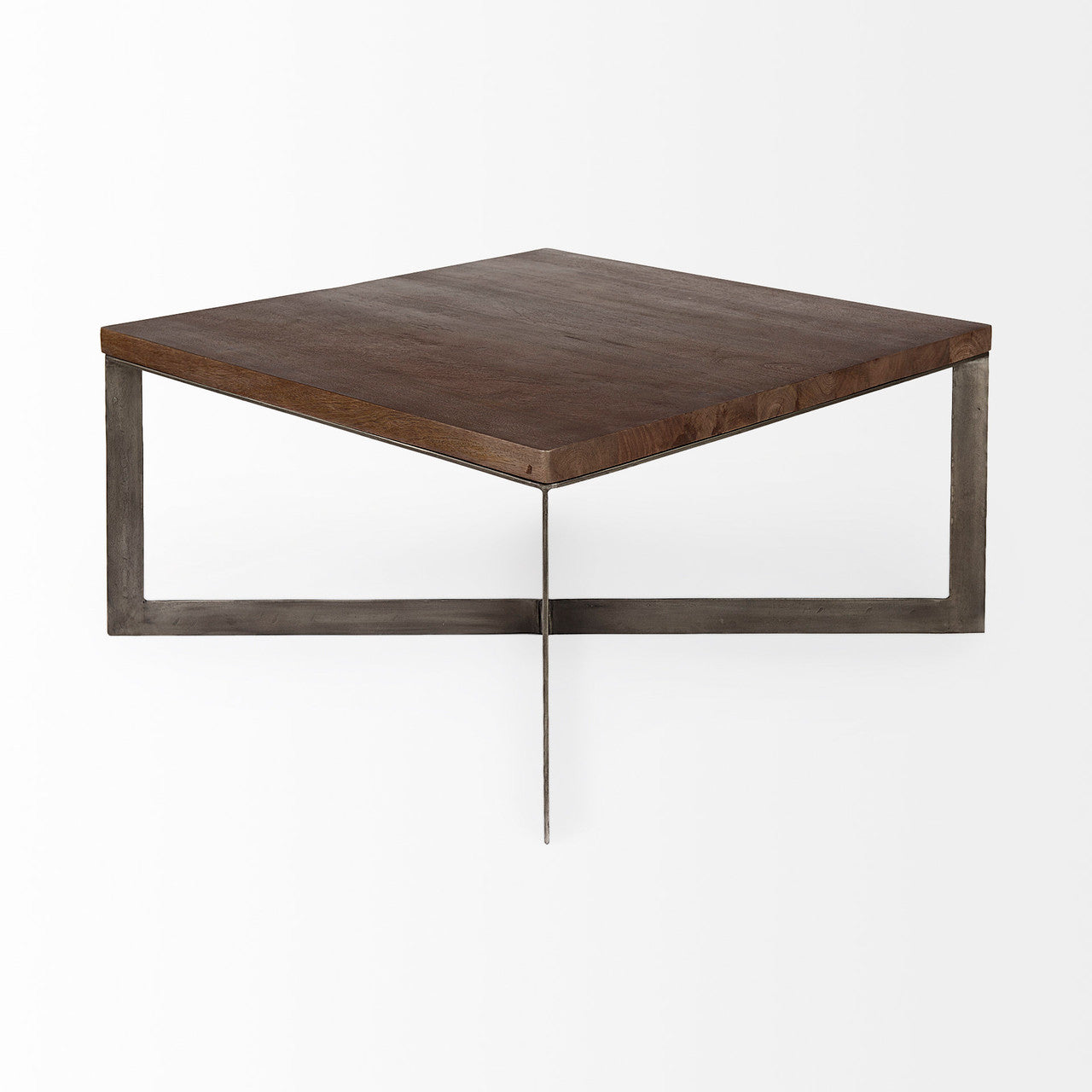 Faye 34L x 34W x 17H Medium Brown Wood W/Antique Nickel Metal Base Square Coffee Table