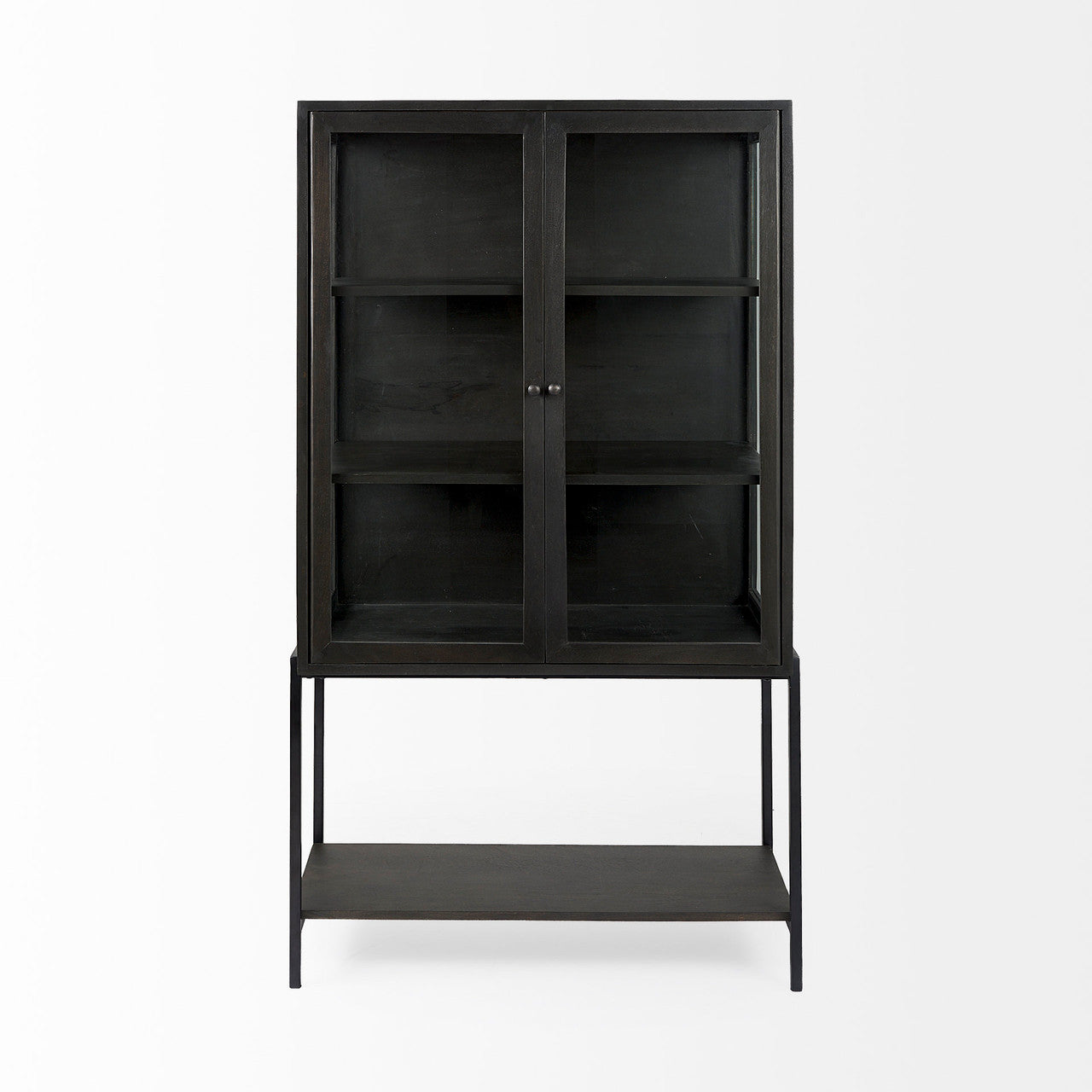 Arelius 36L x 18W x 63H Black-Brown Wood W/ Black Metal Base Display Cabinet