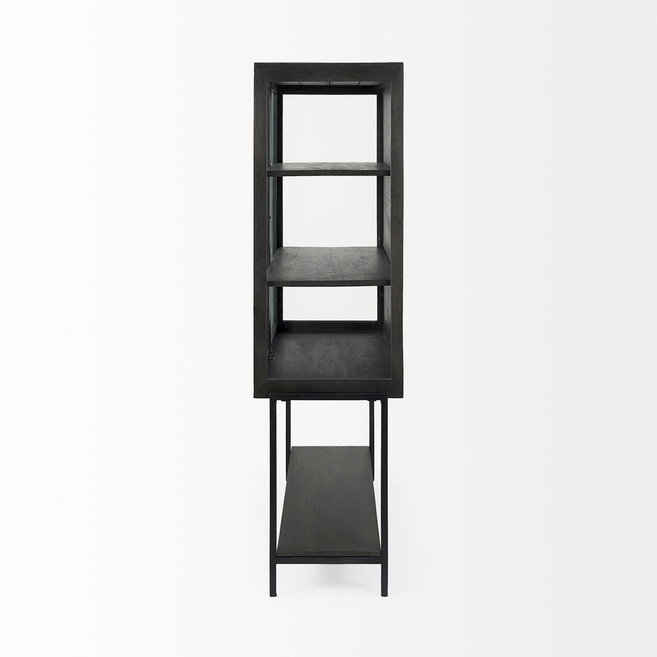 Arelius 36L x 18W x 63H Black-Brown Wood W/ Black Metal Base Display Cabinet