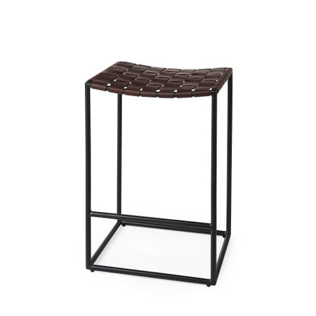 Clarissa Dark Brown Woven Leather Seat W/ Black Iron Frame Counter Stool