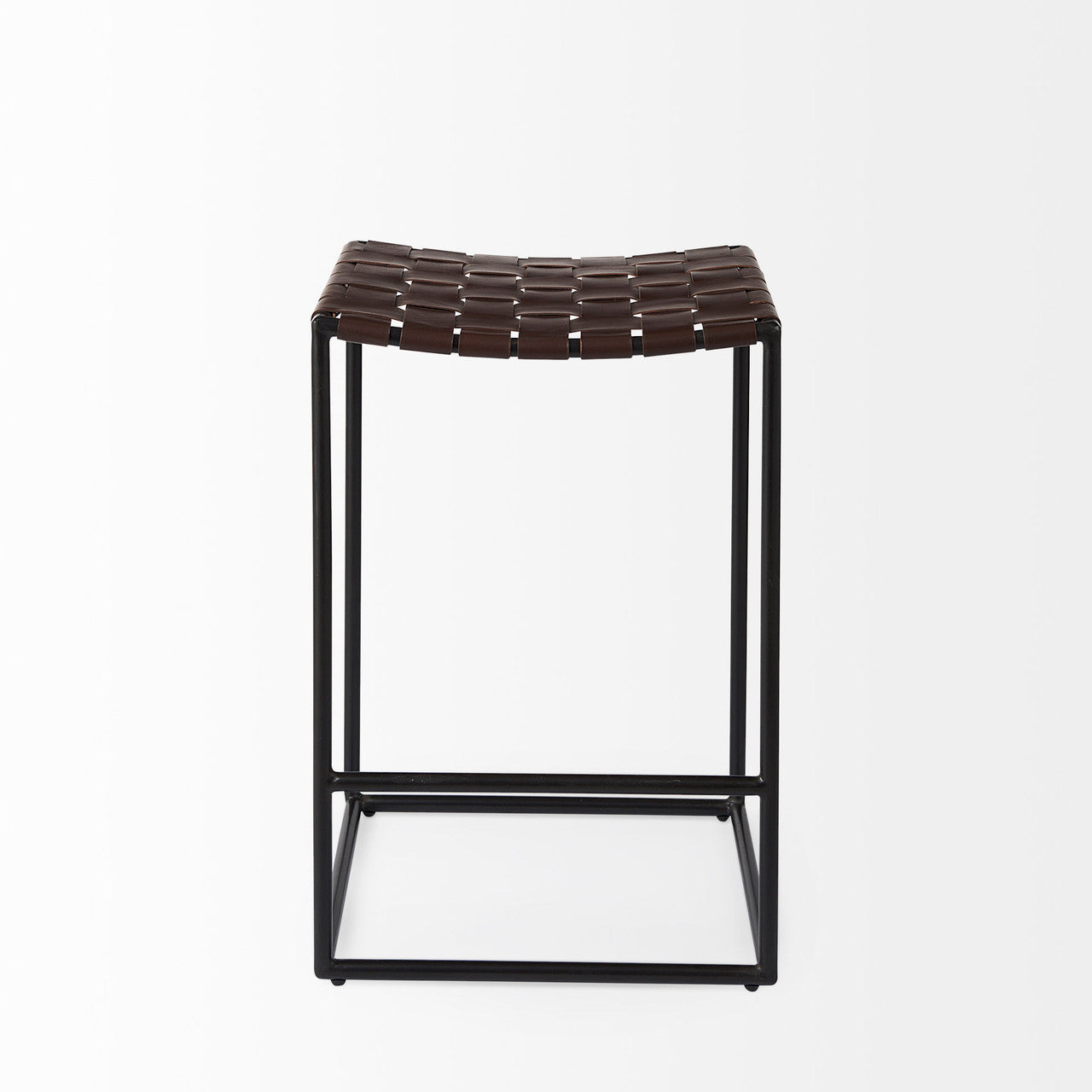 Clarissa 18.0L x 16.0W x 26.25H Dark Brown Woven Leather Seat W/ Black Iron Frame Counter Stool