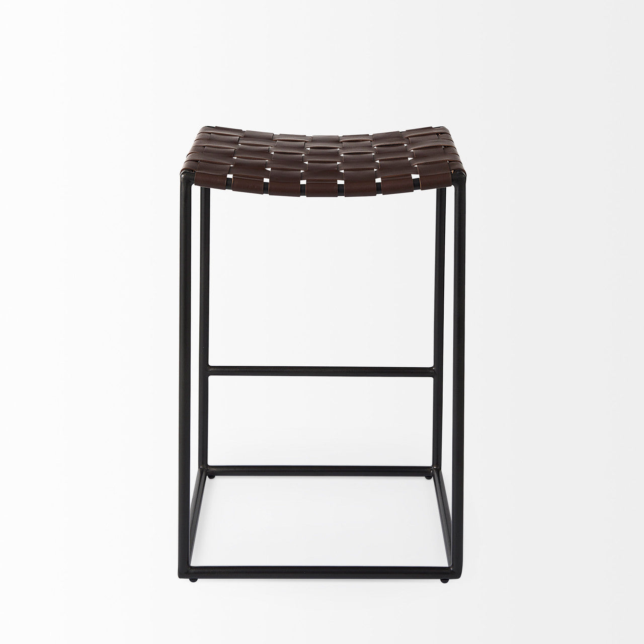 Clarissa 18.0L x 16.0W x 26.25H Dark Brown Woven Leather Seat W/ Black Iron Frame Counter Stool