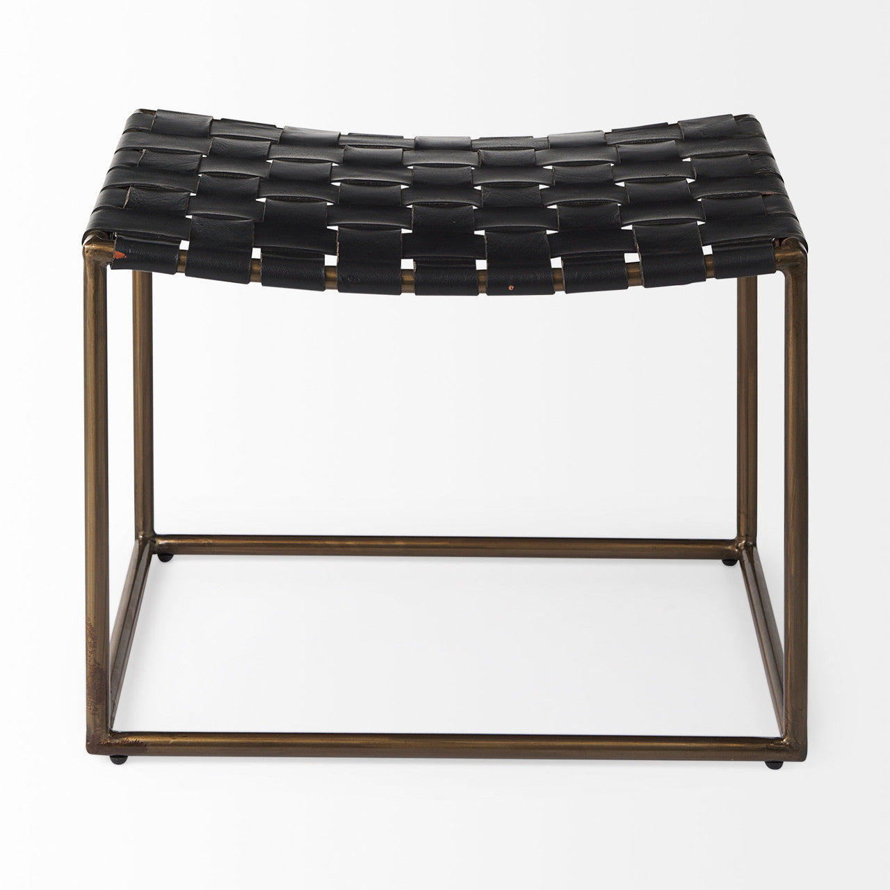 Clarissa 22.0L x 16.0W x 16.75H Black Leather Woven Seat W/ Gold Metal Frame Stool
