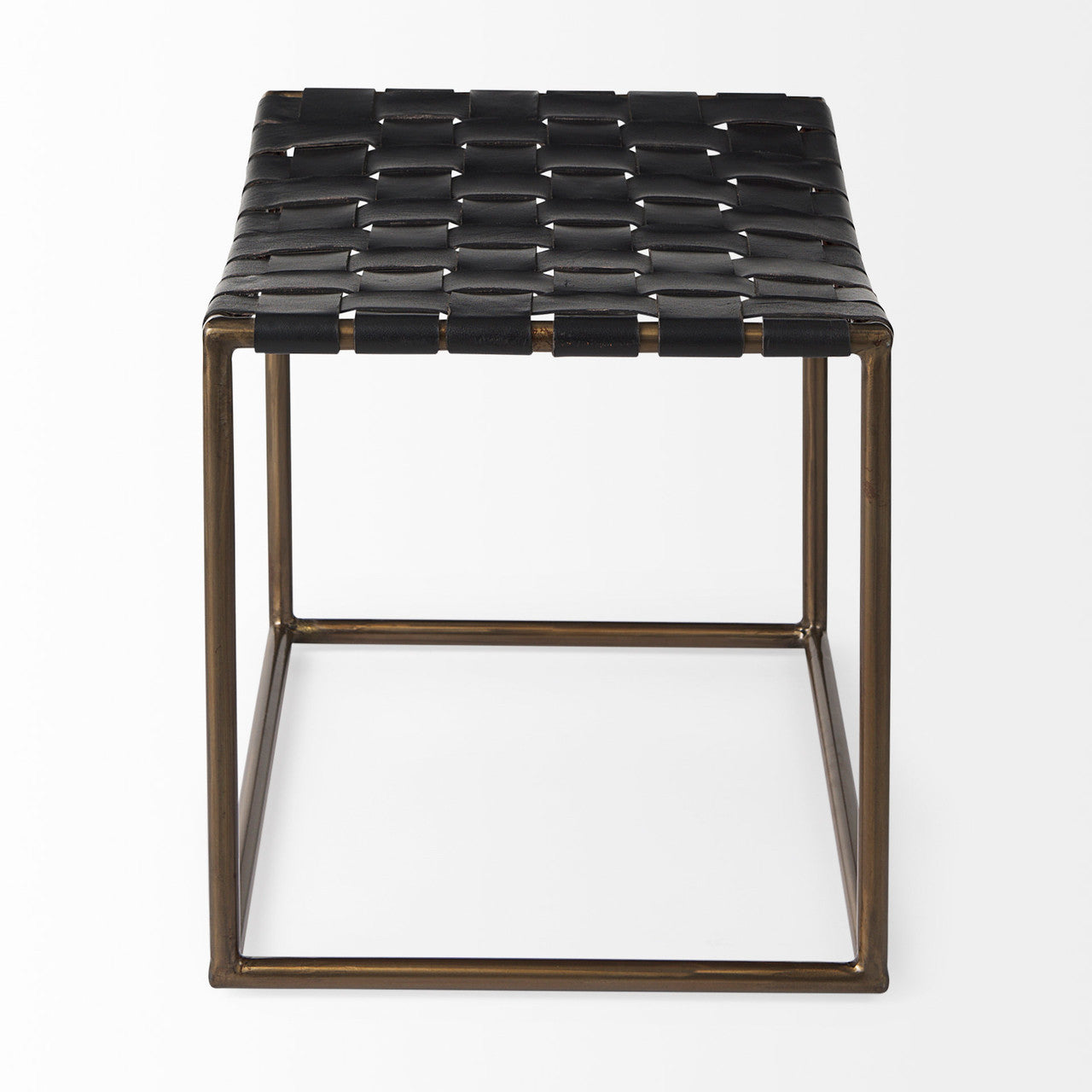Clarissa 22.0L x 16.0W x 16.75H Black Leather Woven Seat W/ Gold Metal Frame Stool