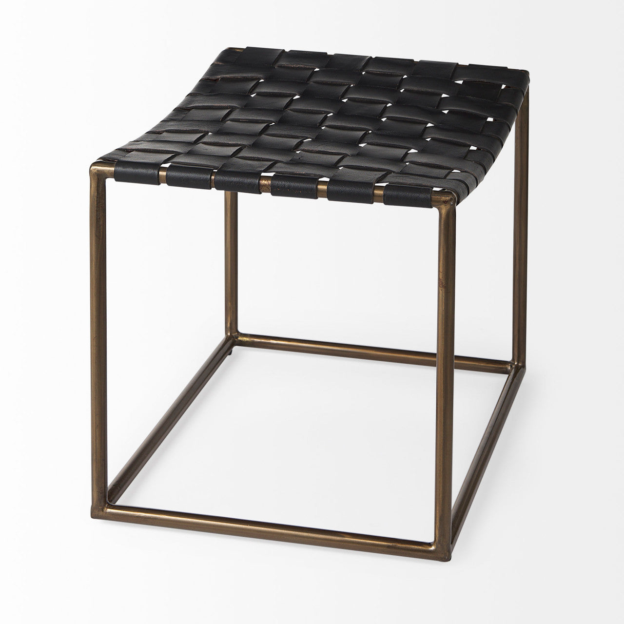 Clarissa 22.0L x 16.0W x 16.75H Black Leather Woven Seat W/ Gold Metal Frame Stool