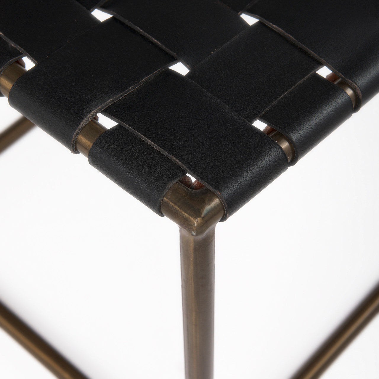 Clarissa 22.0L x 16.0W x 16.75H Black Leather Woven Seat W/ Gold Metal Frame Stool