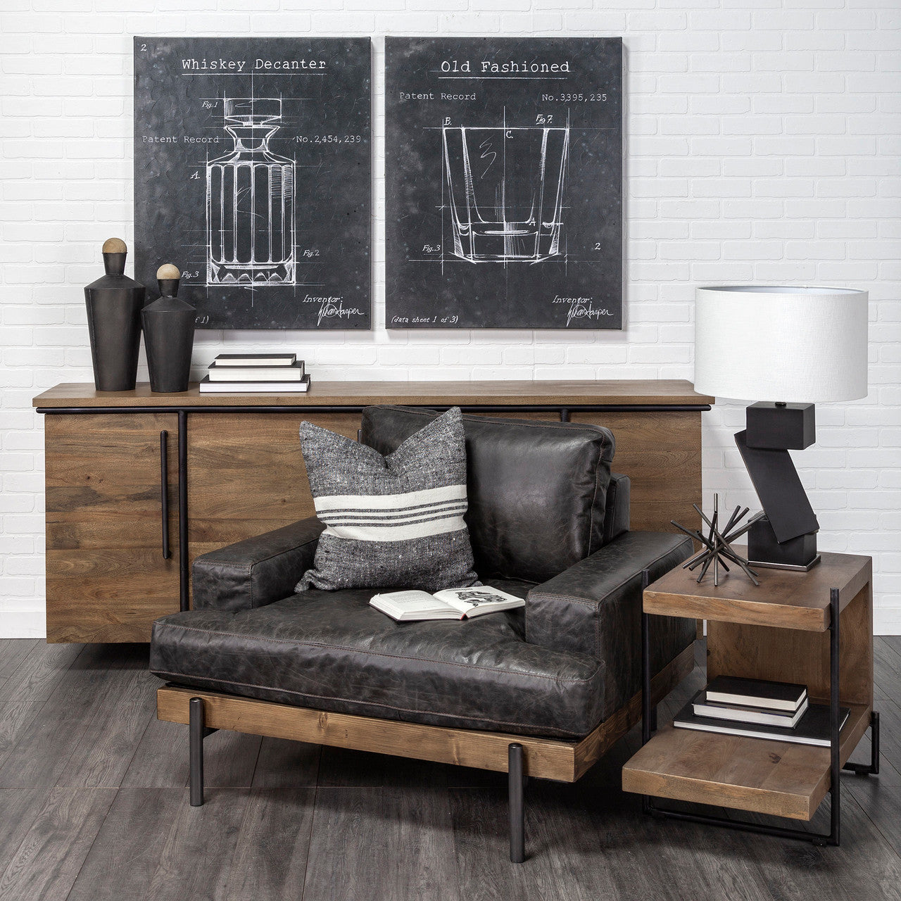 Maddox 30L x 18W x 22H Medium Brown Wood w/ Black Metal U-shaped End/Side Table