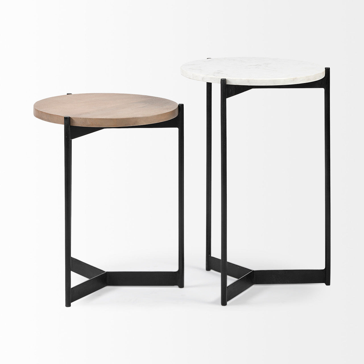 Larkin II Marble and Medium Brown Wood Round Tabletop Nesting End/Side Tables