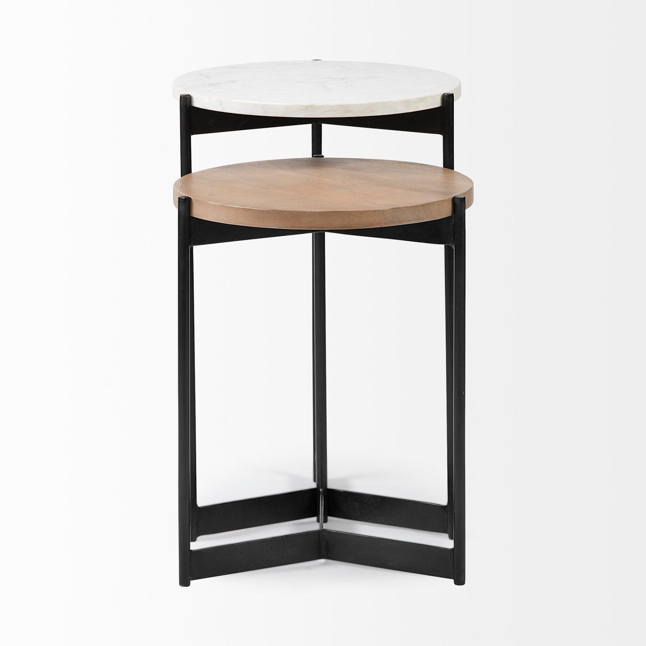 Larkin II Marble and Medium Brown Wood Round Tabletop Nesting End/Side Tables