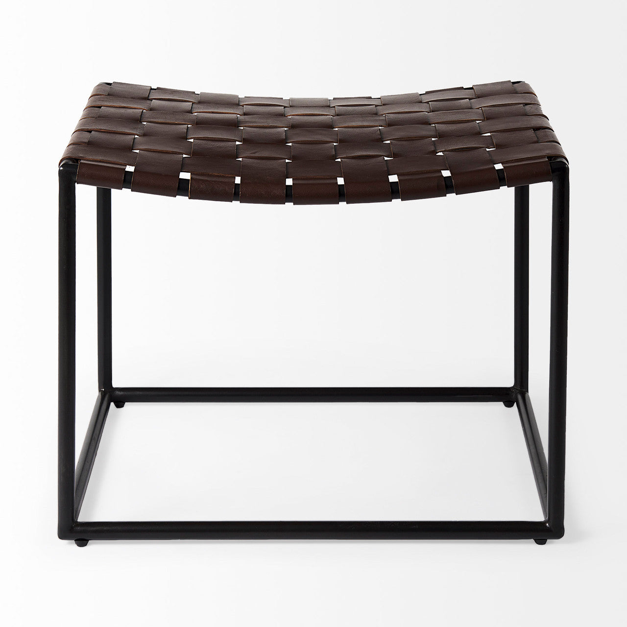 Clarissa 22.0L x 16.0W x 16.5H Brown Leather Woven Seat W/ Black Metal Frame Stool