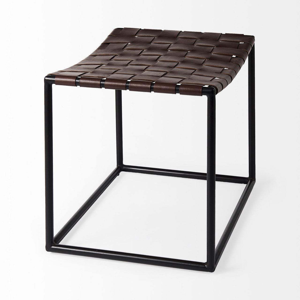 Clarissa 22.0L x 16.0W x 16.5H Brown Leather Woven Seat W/ Black Metal Frame Stool