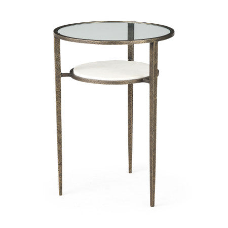 Felicity Glass Top W/ White Marble Shelf and Antique Gold Base End/Side Table