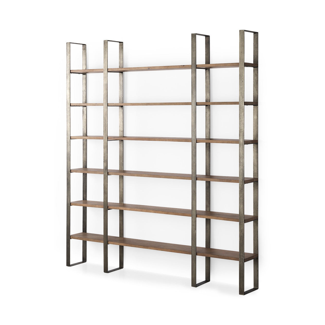 Taunton 80L x 10.5W x 90H Medium Brown Wood W/ Antique Nickel Metal Frame 6 Tier Shelving Unit