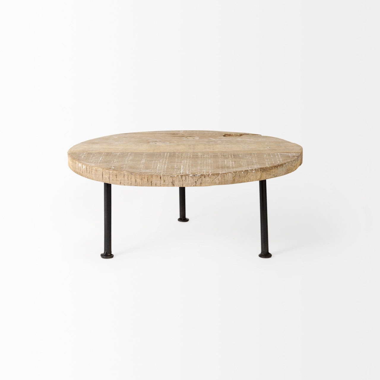 Cedric 15L x 15W x 6H Round Light Brown Wood w/ Black Metal Legs Decorative Display Stand