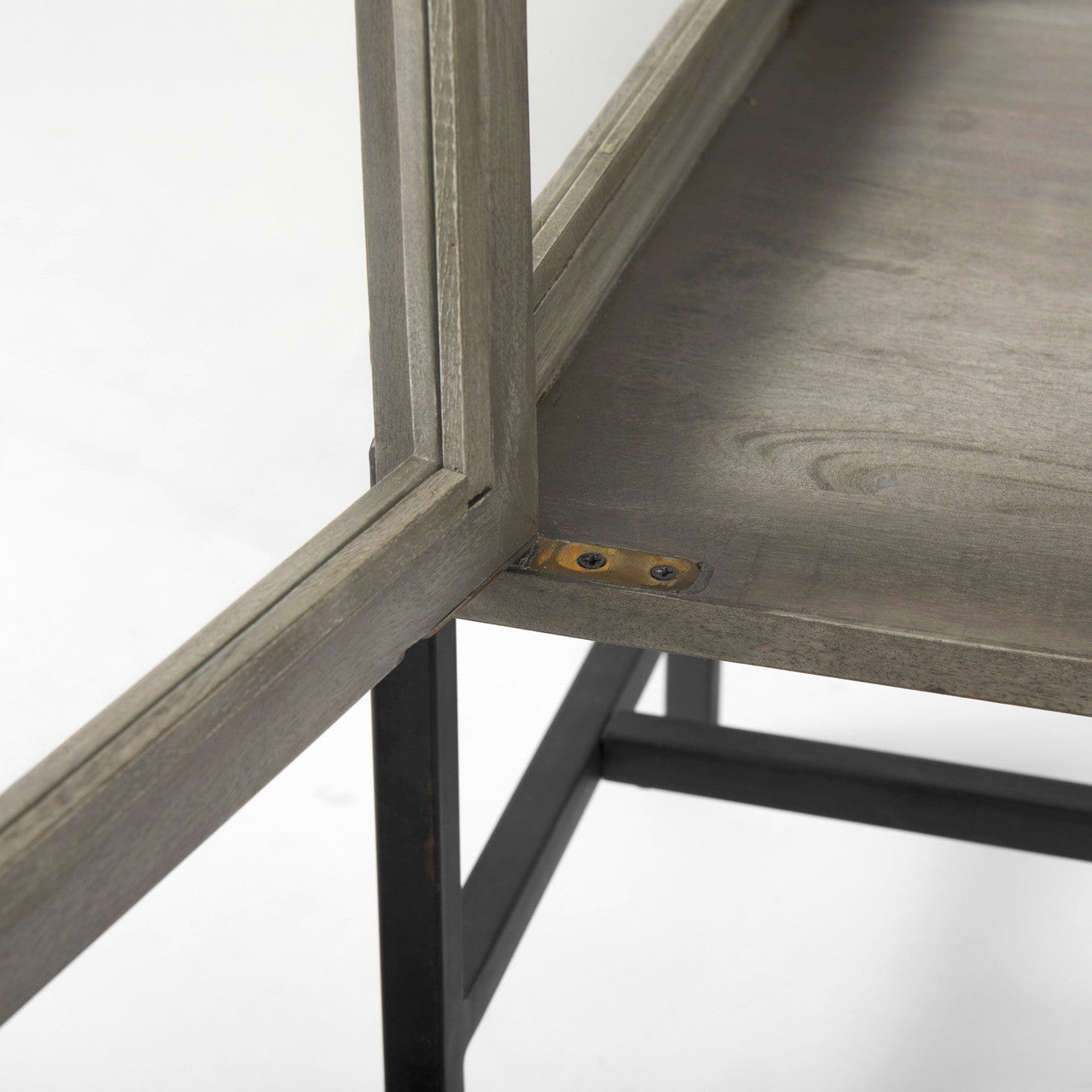 Arelius 36L x 18W x 32H Gray Wood, Black Metal Base w/ 2 Glass Doors Accent Cabinet