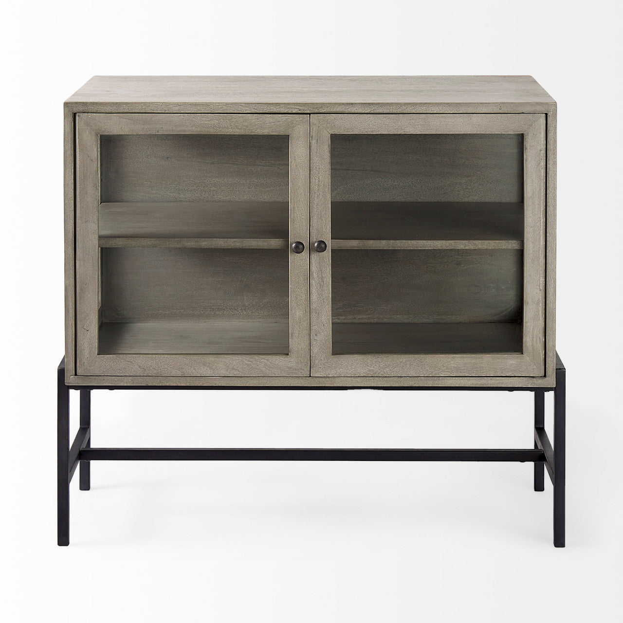 Arelius 36L x 18W x 32H Gray Wood, Black Metal Base w/ 2 Glass Doors Accent Cabinet