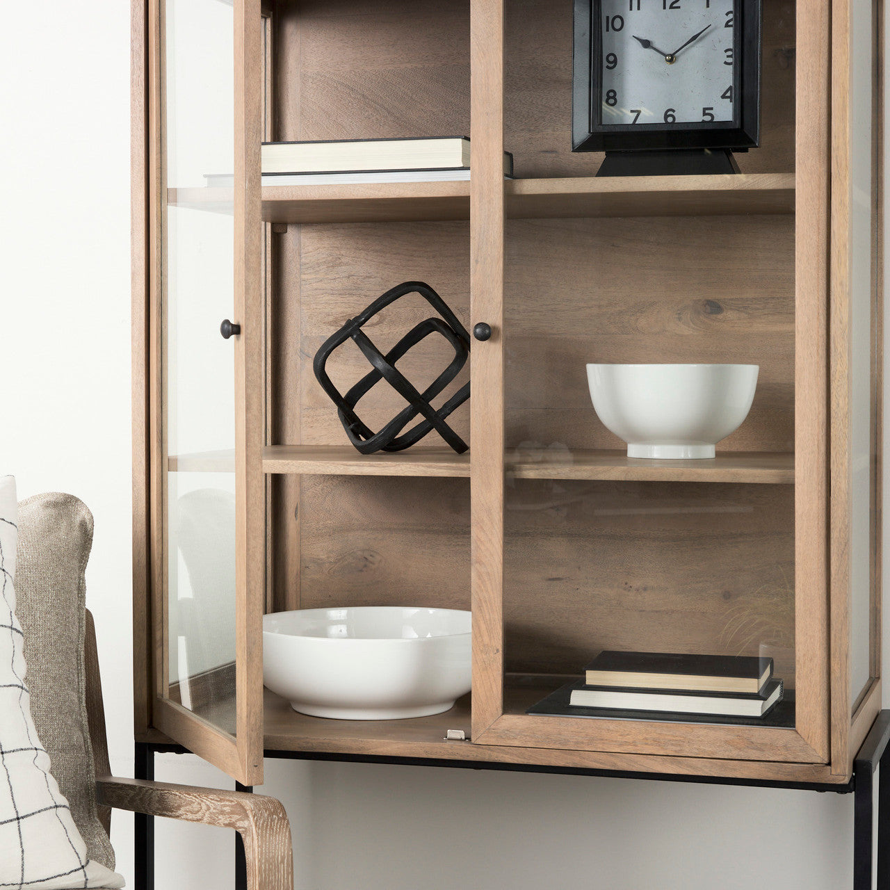 Arelius 36L x 18W x 63H Light Brown Wood W/ Black Metal Base Display Cabinet
