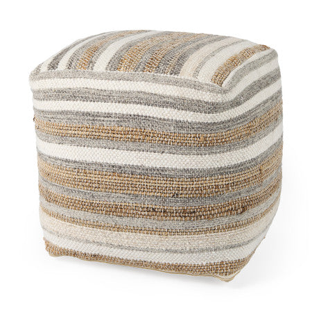 Aahana White/Taupe/Gray Striped Hemp and Cotton Pouf