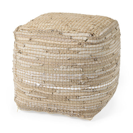 Aalia Beige Leather and Jute Pouf