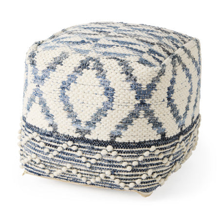Eshana Cream Wool and Denim Patterned Pouf