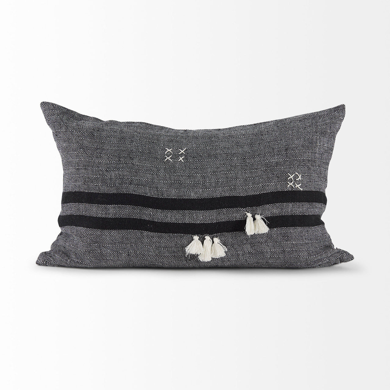 Sibyl 13L x 21W Black Fabric Striped and White Fringed Decorative Pillow Cover