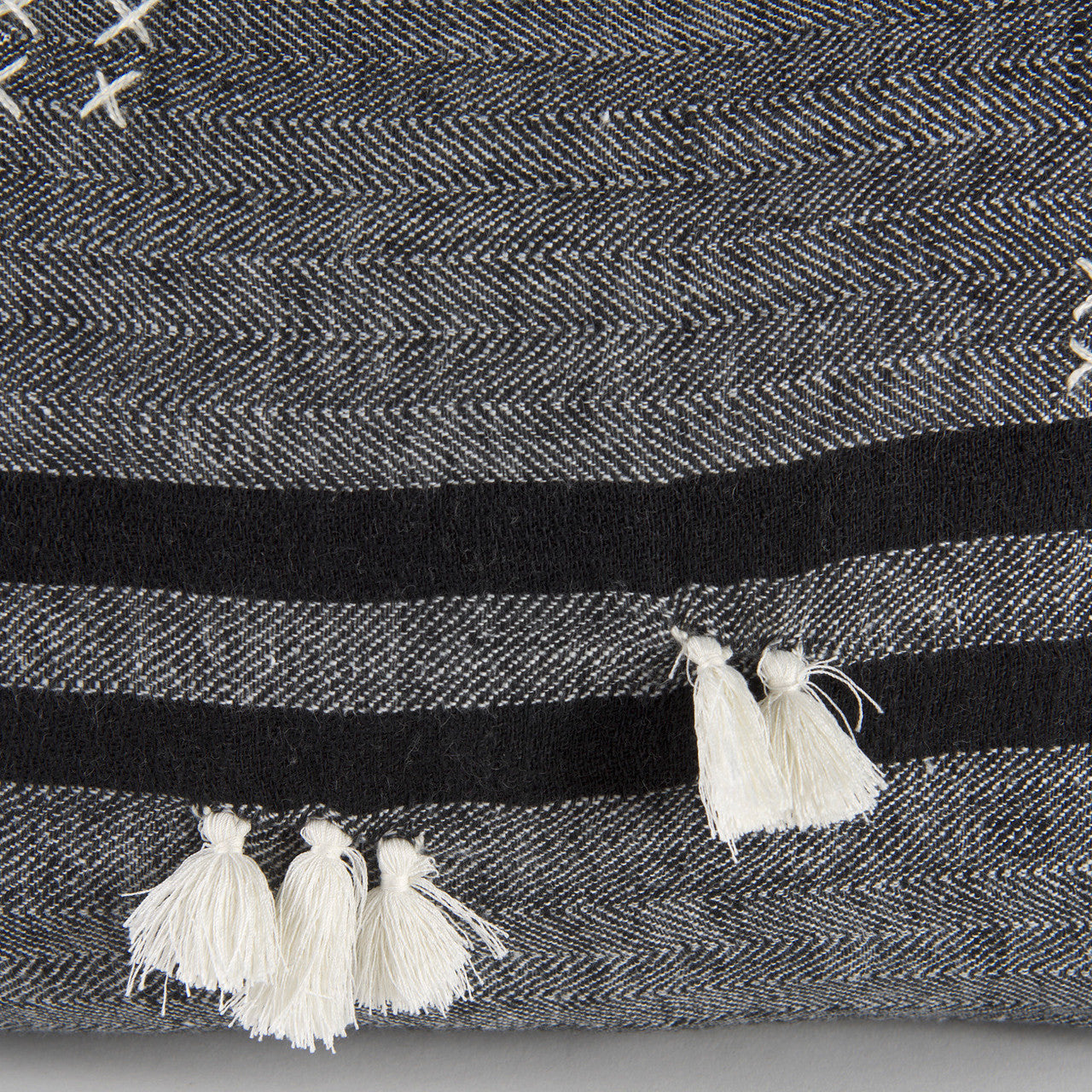 Sibyl 13L x 21W Black Fabric Striped and White Fringed Decorative Pillow Cover