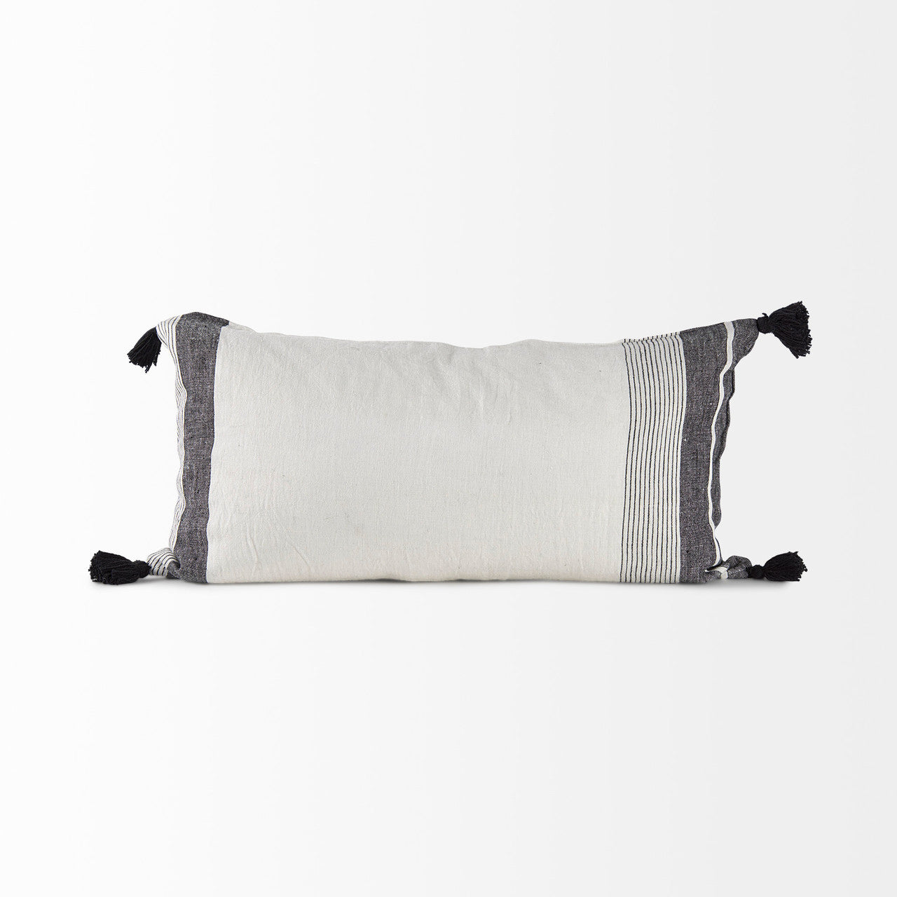 Kimia 14L x 26W White and Black Fabric Herringbone and Fringed Decorative Pillow Cover