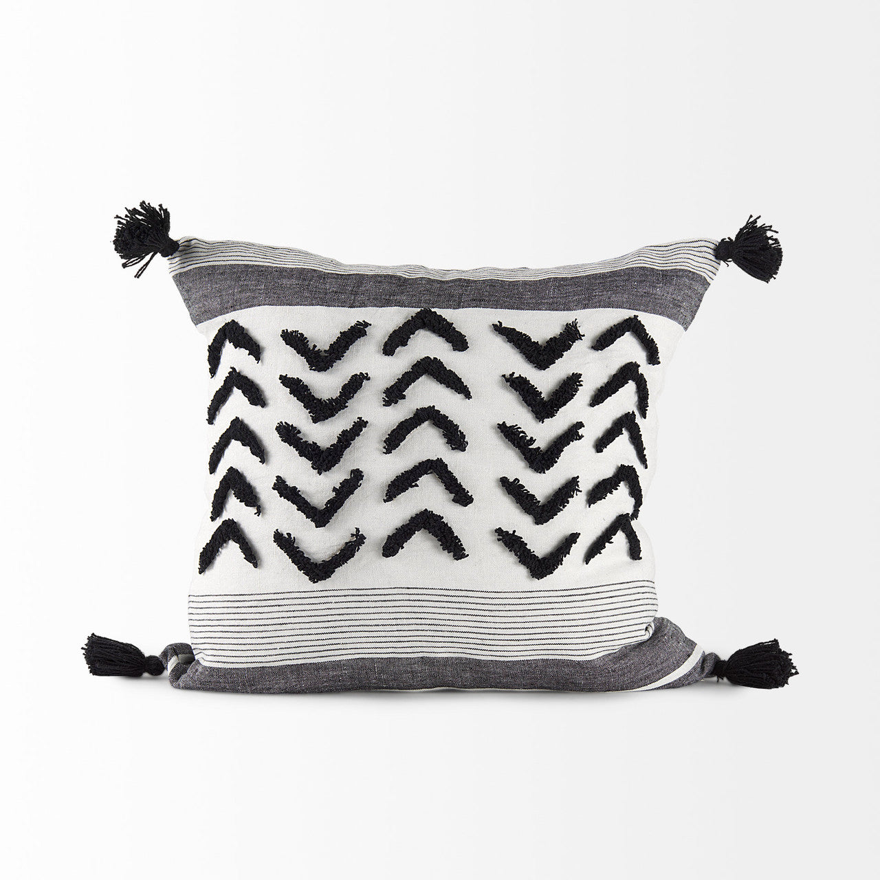 Kimia 20L x 20W White and Black Fabric Herringbone and Fringed Decorative Pillow Cover