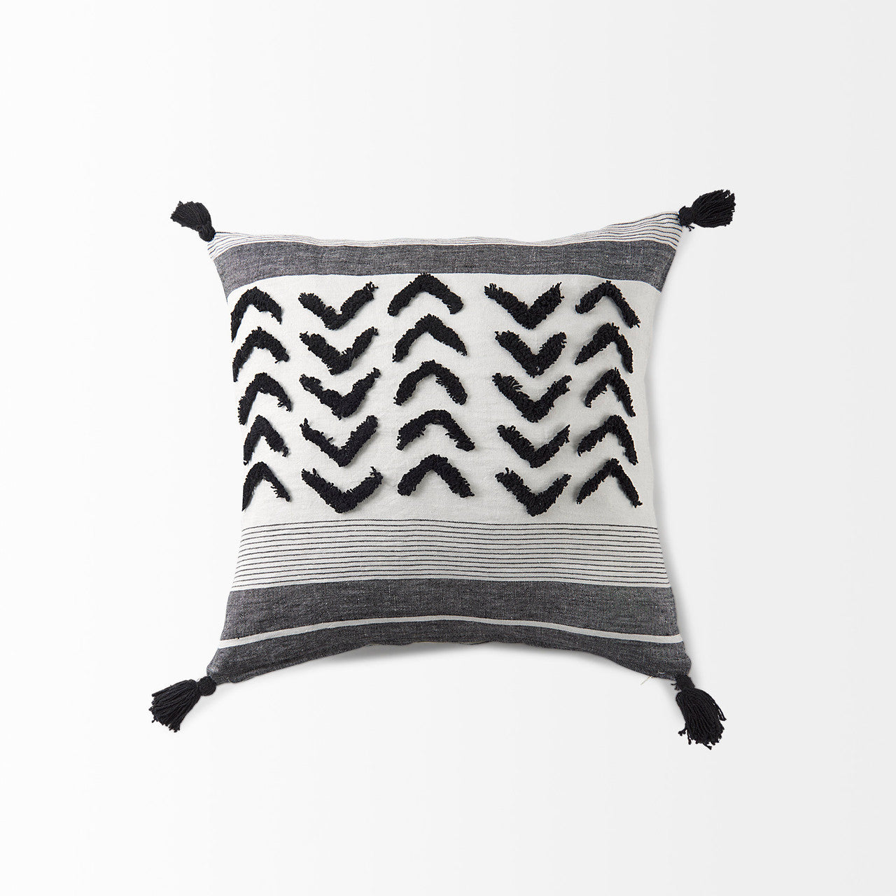 Kimia 20L x 20W White and Black Fabric Herringbone and Fringed Decorative Pillow Cover