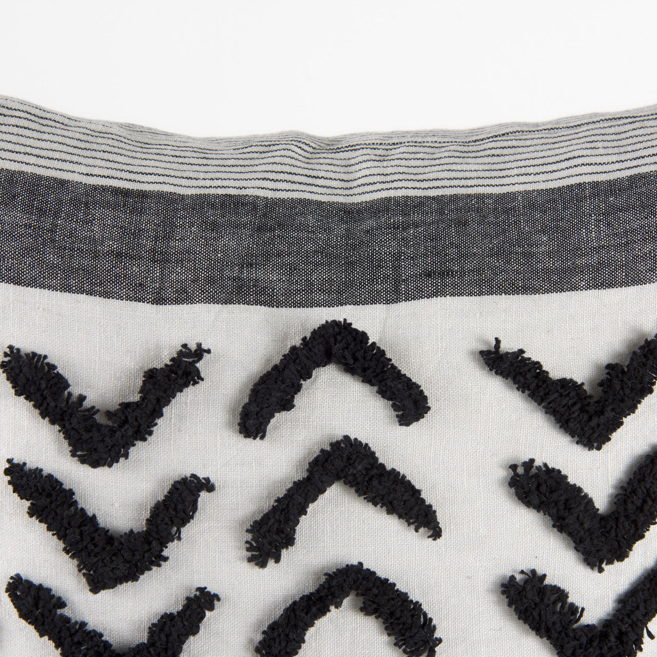 Kimia 20L x 20W White and Black Fabric Herringbone and Fringed Decorative Pillow Cover