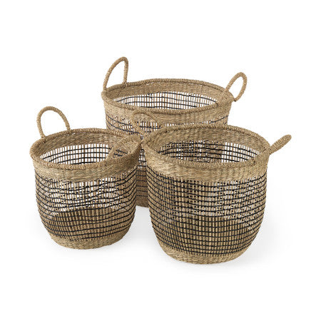 Triopas Medium Brown Seagrass Round Basket W/ Handles