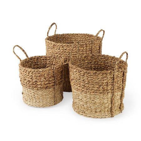 Morocco Brown Two Tone Water Hyacinth and Cornhusk Round Basket W/ Handles
