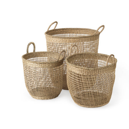 Bowie Medium Brown Seagrass Round Basket W/ Handles