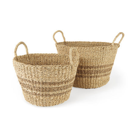 Vance Light Brown Palm Leaf and Seagrass Round Basket W/ Handles
