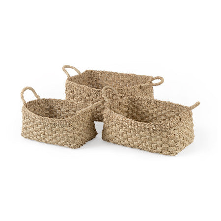 Emra (Set of 3) Light Brown Seagrass Rectangular Basket W/ Handles