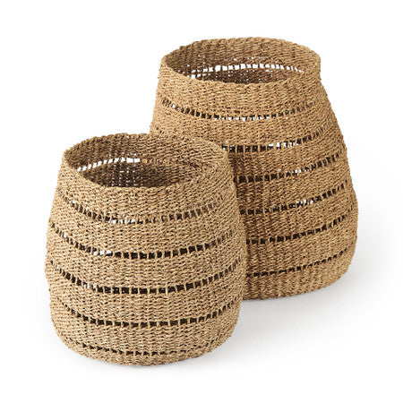 Hayes Medium Brown Seagrass Round Basket with Stripe Pattern