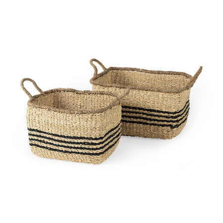 Emma Light Brown Seagrass Rectangular Basket W/ Black Stripes