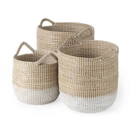 Maddie Light Brown W/White Dipped Seagrass Round Basket  W/ Handles