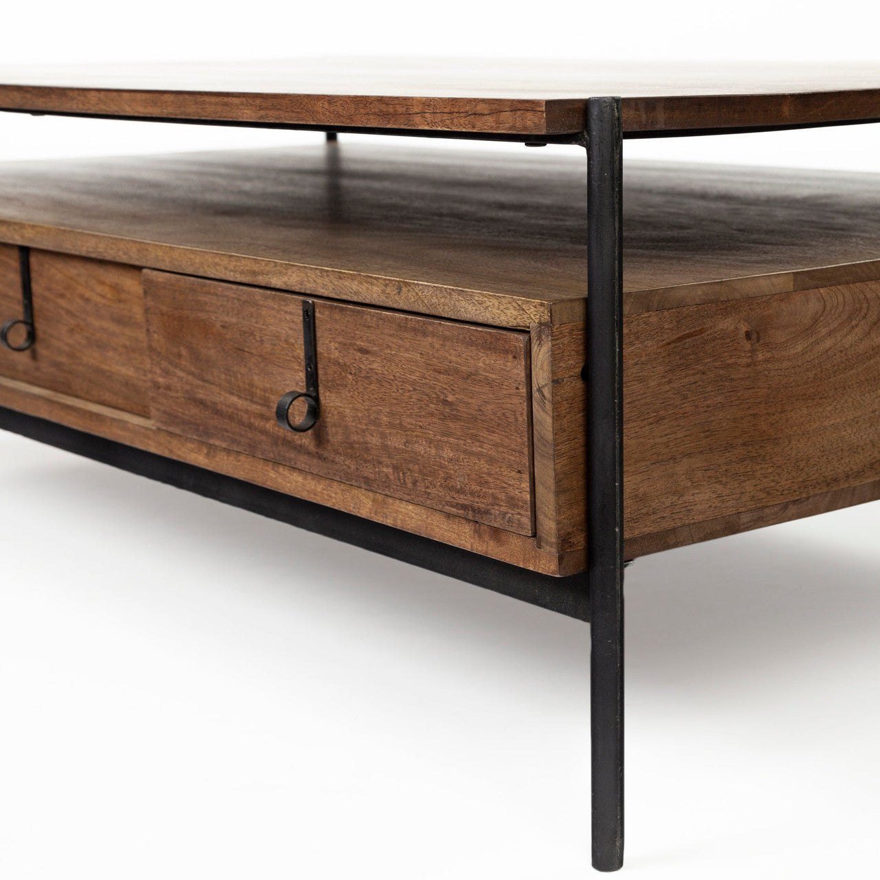 Glenn II 54x30 Dark Brown Wood w/ Black Iron Frame, Rectangle 3 Drawers Coffee Table