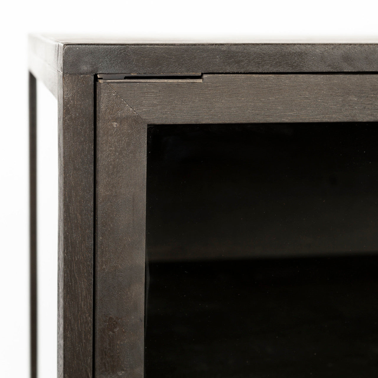 Arelius  36L x 18W Black-Brown Wood, Black Metal Base w/ 2 Glass Doors Accent Cabinet
