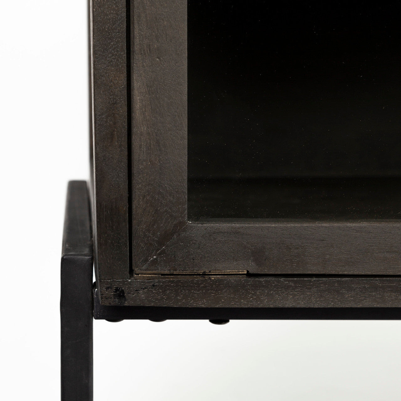 Arelius  36L x 18W Black-Brown Wood, Black Metal Base w/ 2 Glass Doors Accent Cabinet