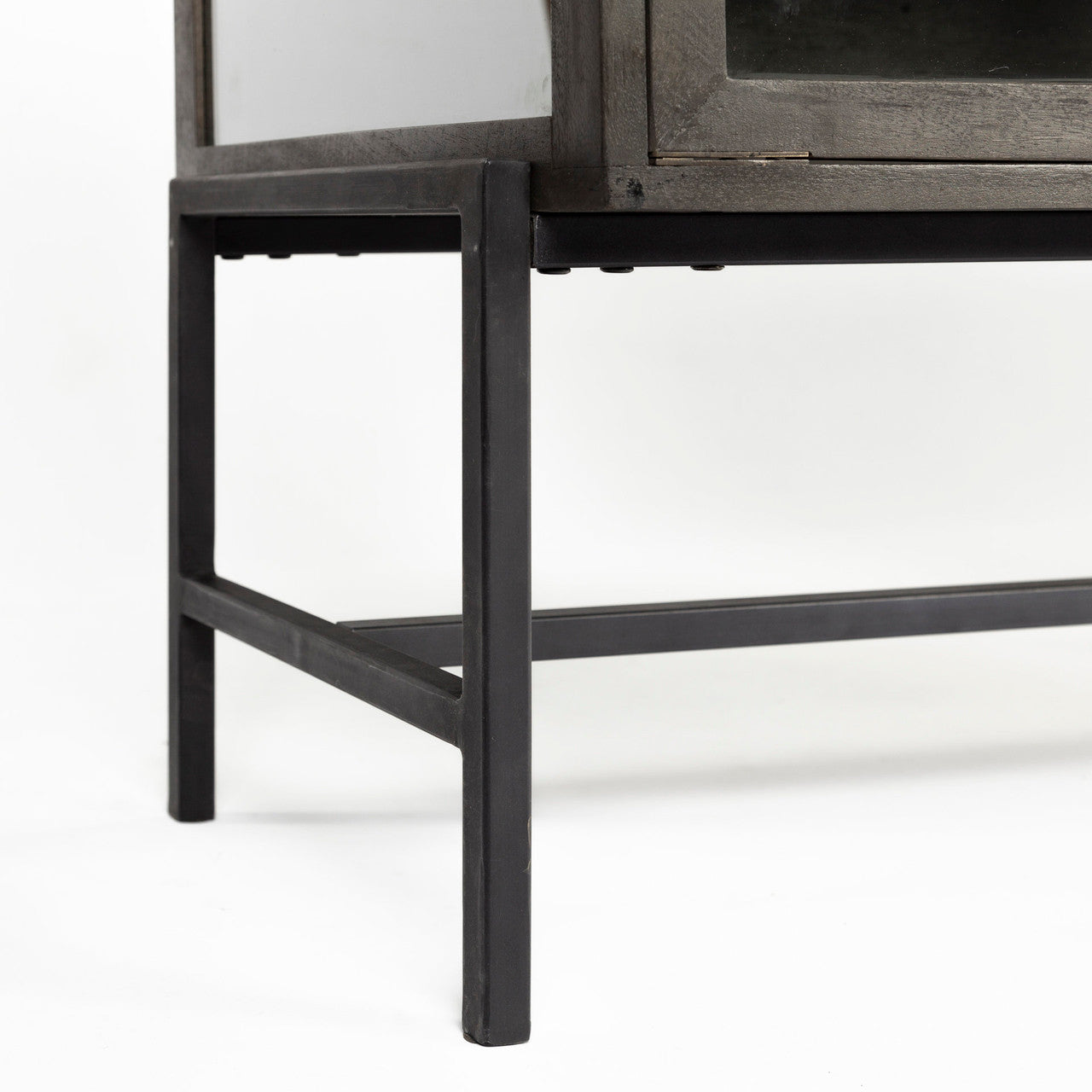 Arelius  36L x 18W Black-Brown Wood, Black Metal Base w/ 2 Glass Doors Accent Cabinet