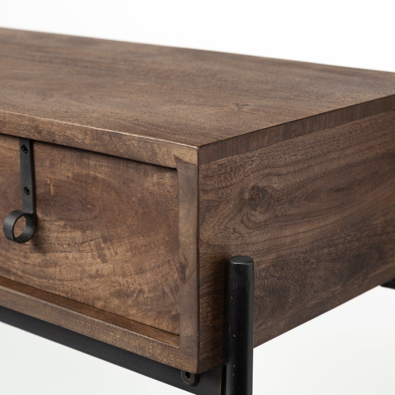 Glenn III 56L x 14W Dark Brown Wood w/ Black Iron Frame, 4 Drawer Console Table