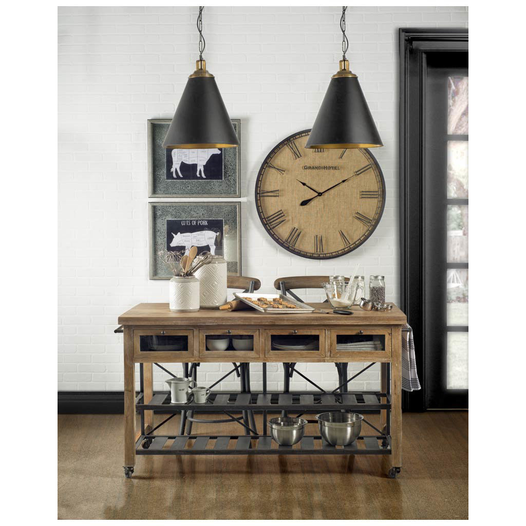 Stuart I Brown Solid Wood Top Two-Tier Black Metal Rolling Kitchen Island