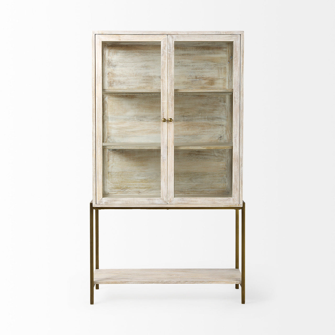 Arelius 36L x 18.75W x 63H White Wood W/ Gold Metal Base Display Cabinet