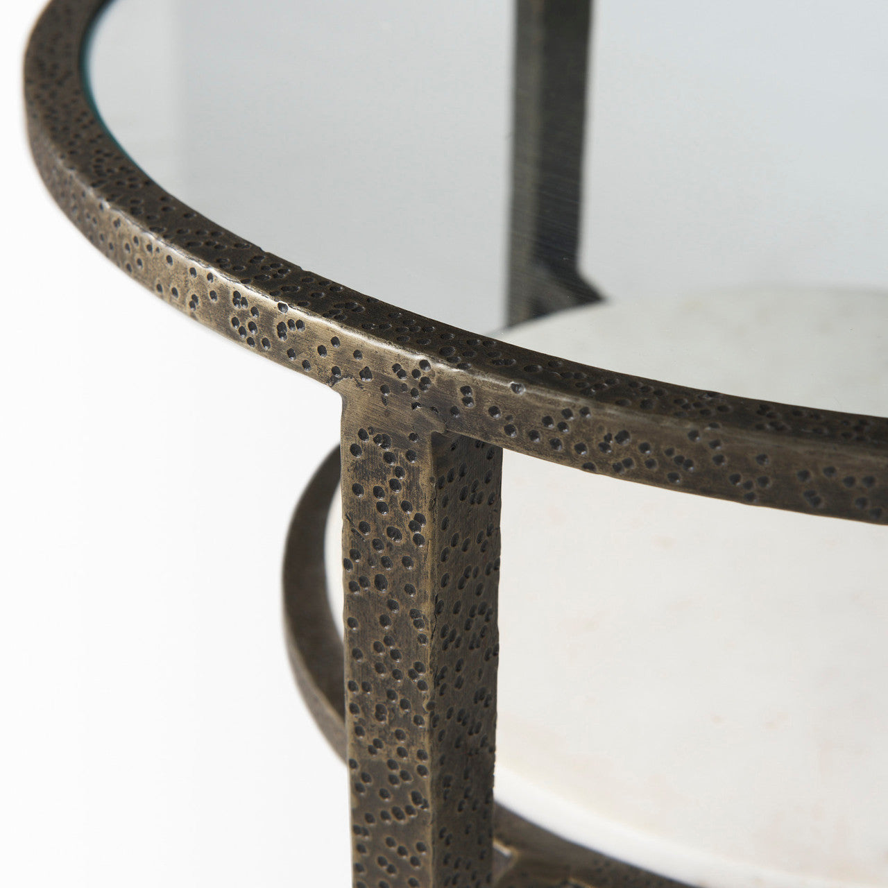 Felicity 15.8L X 15.8W X 22.5H Glass Top W/ White Marble Shelf and Antique Gold Base End/Side Table